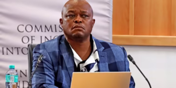 Brown Mogotsi, the alleged middleman between suspended police minister Senzo Mchunu and Vusimuzi "Cat" Matlala, at the Madlanga commission in Pretoria. (Thapelo Morebudi)