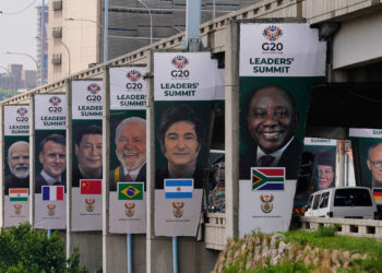 Banners of various G20 leaders are displayed along a Johannesburg freeway, in Johannesburg, South Africa, Thursday, Nov. 20, 2025. (AP Photo/Themba Hadebe)