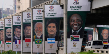 Banners of various G20 leaders are displayed along a Johannesburg freeway, in Johannesburg, South Africa, Thursday, Nov. 20, 2025. (AP Photo/Themba Hadebe)