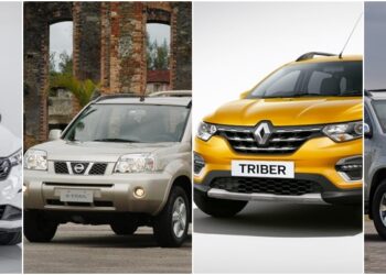 A selection of budget friendly seven seaters including the Toyota Fortuner, Suzuki Ertiga, Nissan X Trail and Renault Triber, featured in a photo collage by Adekunle Owolabi.