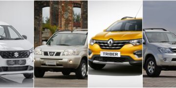 A selection of budget friendly seven seaters including the Toyota Fortuner, Suzuki Ertiga, Nissan X Trail and Renault Triber, featured in a photo collage by Adekunle Owolabi.