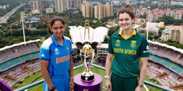 Team captains Harmanpreet Kaur and Laura Wolvaardt pose with the trophy ahead of the Women’s Cricket World Cup final between SA and India in Mumbai. Picture: Alex Davidson/ICC/Getty Images