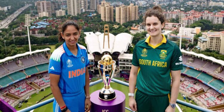 Team captains Harmanpreet Kaur and Laura Wolvaardt pose with the trophy ahead of the Women’s Cricket World Cup final between SA and India in Mumbai. Picture: Alex Davidson/ICC/Getty Images