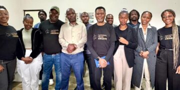 Zethu Dlamini, Chief Growth Officer of MARC, Lwazi Dlamini, President of ENAJ, EEF Secretary-General Jabu Matsebula, Wezizwe Ginindza, Mfanasibili Sihlongoanye, Publisher of Independent News, and the Independent News team gather for a photo during the National Media Awards briefing. Photo credit MARC