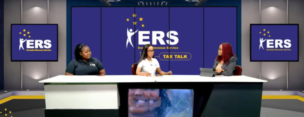 Eswatini TV presenter Notsile Sithole in studio with Ntobeko Dlamini, Director of Communications and Marketing at the Eswatini Revenue Service, and Cebolenkhosi Mahlalela, Manager for Taxpayer Education and Information at the Eswatini Revenue Service, during the interview. Photo: Screengrab from Eswatini TV video.