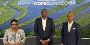 Prime Minister Russell Mmiso Dlamini with Hon. Jane Mkhonta-Simelane, Minister of Tourism and Environmental Affairs, at the Climate Summit in Belém, Brazil