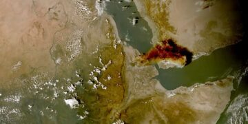 An eruption from the Hayli Gubbi volcano in Ethiopia resulted in a large ash cloud, visible here from space.(Image Courtesy of EUMETSAT)