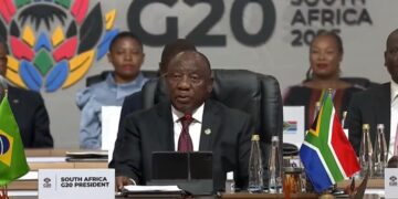President Cyril Ramaphosa addresses world leaders during the opening of the first G20 Summit held on African soil in Johannesburg.