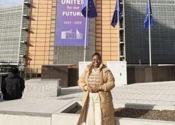 Busiswa Noyise Dlamini, Chairperson of Eswatini’s EU Youth Advisory Board, outside the venue of the Second EU Youth, Peace and Security Conference in Brussels.