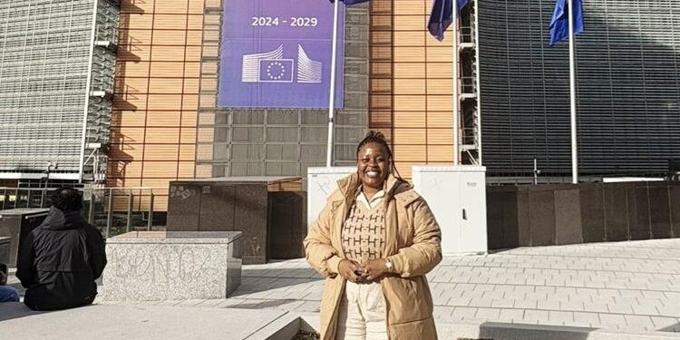 Busiswa Noyise Dlamini, Chairperson of Eswatini’s EU Youth Advisory Board, outside the venue of the Second EU Youth, Peace and Security Conference in Brussels.