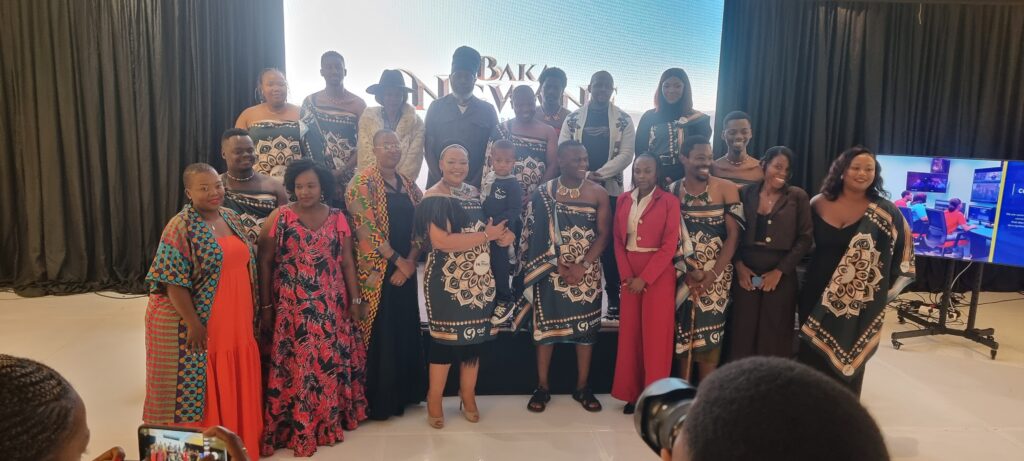 Senator Pholile Dlamini Shakantu, executive producer of BakaNgwane, with members of the cast and production team. Photo by Adekunle Owolabi.