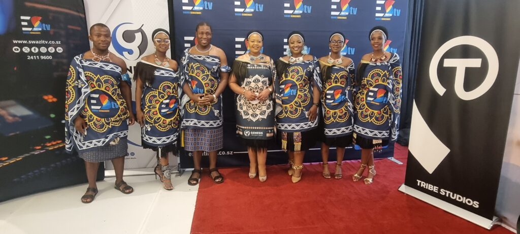 Senator Pholile Dlamini Shakantu with Eswatini TV CEO Mlamuli Dlamini, Senior Marketing and Communications Officer Nomcebo Malinga, and other staff members during the BakaNgwane media preview. Photo by Adekunle Owolabi.