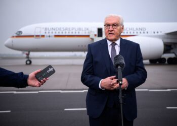 03 December 2025, Brandenburg, Schoenefeld: Germany's President Frank-Walter Steinmeier speaks at the military section of Berlin Brandenburg Airport before his departure for London. Photo: Bernd von Jutrczenka/dpa