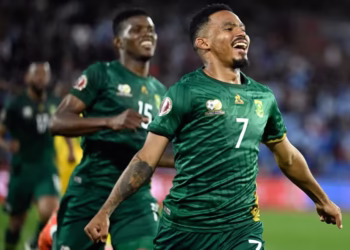 South Africa's Oswin Appollis celebrates scoring the winner against Zimbabwe KHALED DESOUKI / AFP