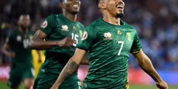 South Africa's Oswin Appollis celebrates scoring the winner against Zimbabwe KHALED DESOUKI / AFP