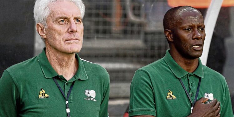Bafana Bafana head coach Hugo Broos with assistant coach Helman Mkhalele