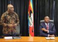 Suspended Government spokesperson, Alpheous Mfana Nxumalo, with Prime Minister Russell Dlamini in an undated photo.