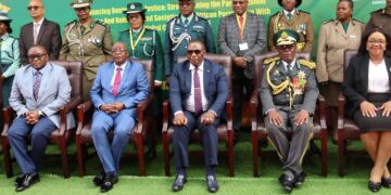 Commissioner General LaMakhosini Phindile Dlamini poses with Zimbabwe Vice President General (Rtd) Dr. Constantino Chiwenga and other delegates from SADC states, alongside Zimbabwean government officials, during the inaugural Regional Parole and Reintegration Conference in Harare.