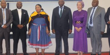 Lesotho’s Minister of Trade, Industry and Business Development, Honourable Mokhethi Shelile with Prime Minister Sam Matekane during the Lesotho–South Africa Business Council session with South African counterparts. Photo by Lesotho Government