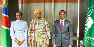 President Netumbo Nandi-Ndaitwah with Chief Justice Mandisa Maya of South Africa, Chief Justice Peter Shivute of Namibia, and Minister of Justice Honourable Wise Immanuel during a courtesy visit. Photo by Namibian Presidency