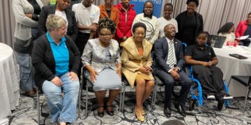 Honourable Jane Mkhonta Simelane joins members of the new Climate Change Youth Parliament and partners during the launch event in Mbabane. Photo credit: UNICEF Eswatini