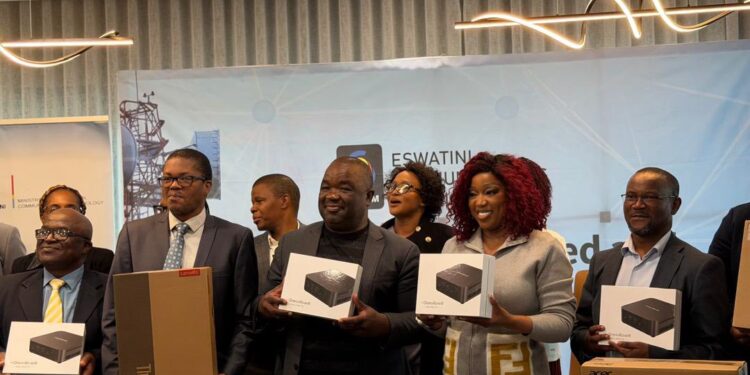 Hon. Savannah Maziya, Hon. Owen Nxumalo and ESCCOM Chief Executive Mvilawemphi Dlamini during the handover of ICT equipment to the National Curriculum Centre.