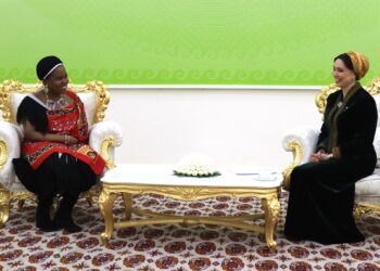 Princess Lindiwe with Oguljahan Atabayeva during their bilateral meeting in Awaza, Turkmenistan.