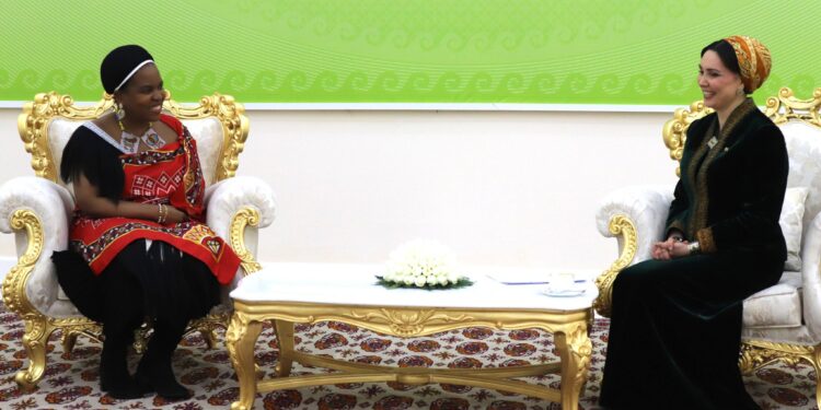 Princess Lindiwe with Oguljahan Atabayeva during their bilateral meeting in Awaza, Turkmenistan.