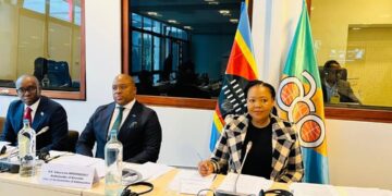Foreign Affairs Minister Senator Pholile Shakantu seated alongside H E Sibusisiwe Mngomezulu, Eswatini’s Ambassador and Chairperson of the OACPS Committee of Ambassadors, during the Bureau of the Council of Ministers meeting in Brussels.