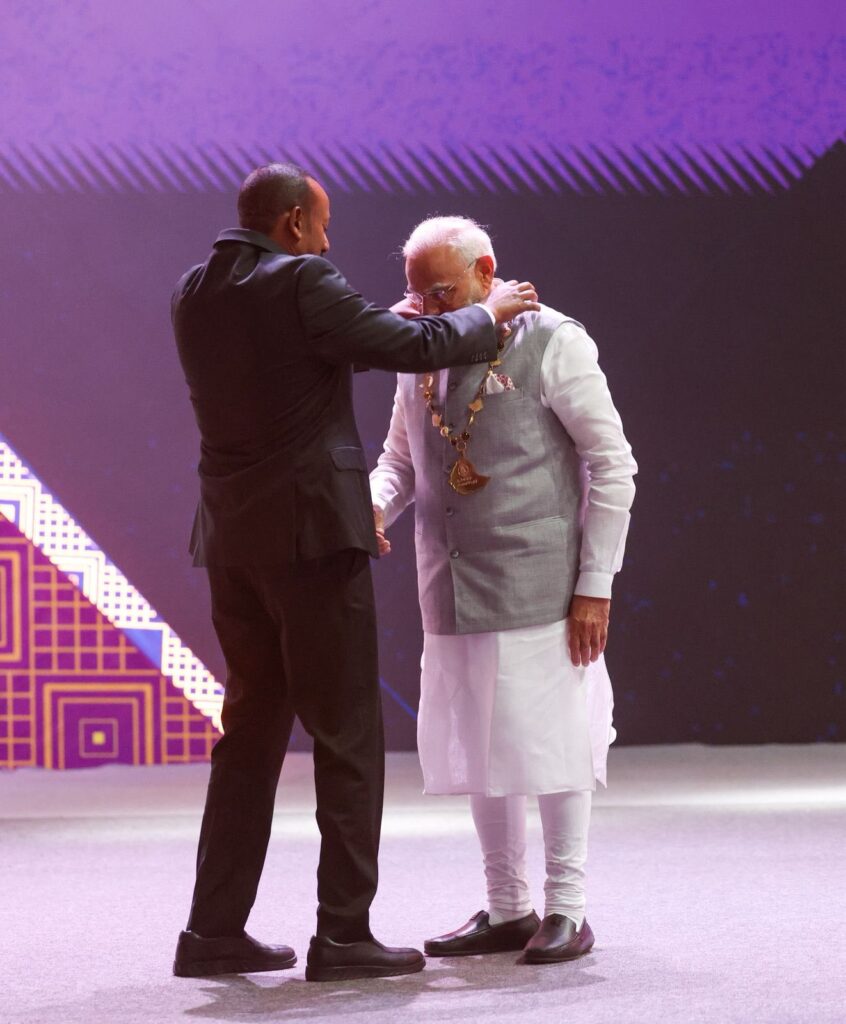 Ethiopian Prime Minister Dr Abiy Ahmed Ali confers the Great Honour Nishan of Ethiopia on Indian Prime Minister Narendra Modi during an official ceremony in Addis Ababa. Photo credit: X/@narendramodi