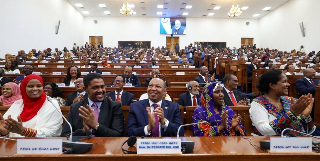 Members of the Ethiopian Parliament listen as Indian Prime Minister Narendra Modi delivers his address at a joint parliamentary session in Addis Ababa. Photo credit: X/@narendramodi