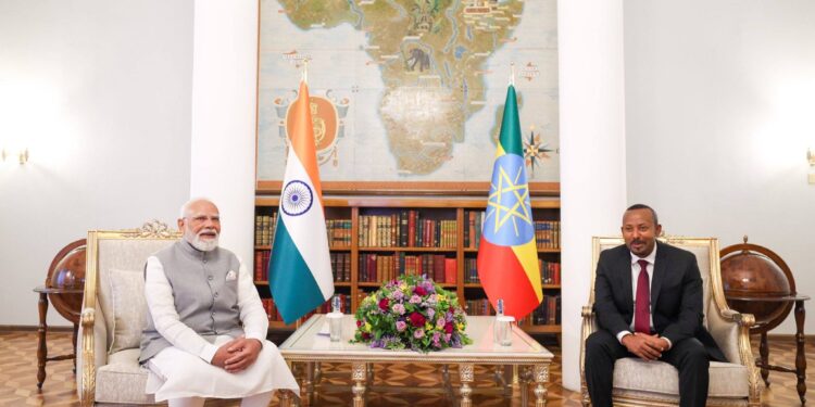 Prime Ministers Narendra Modi and Abiy Ahmed are seated during bilateral talks in Addis Ababa, discussing ways to strengthen India-Ethiopia cooperation across multiple sectors. Photo by Ministry of External Affairs, Government of India