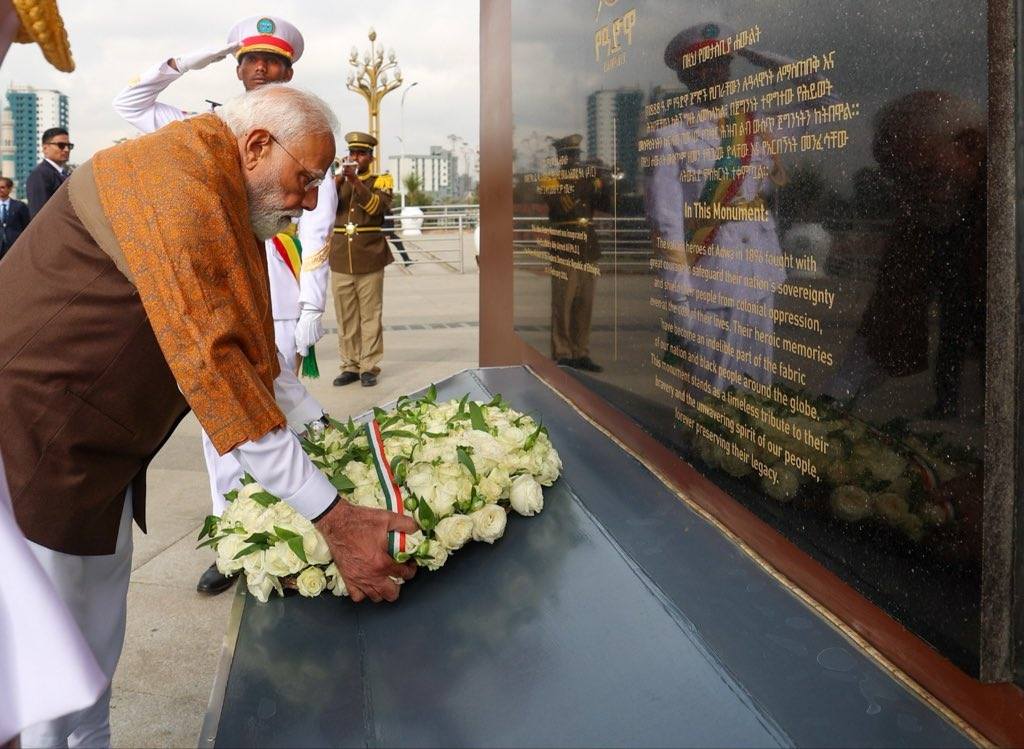 Indian Prime Minister Narendra Modi lays a wreath at the Adwa Victory Monument in Addis Ababa, paying tribute to Ethiopia’s resistance, sovereignty and the heroes of the Battle of Adwa, a symbol of Africa’s legacy of freedom and dignity. Photo credit: X/@narendramodi
