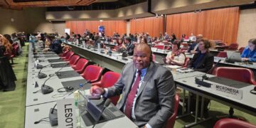 Minister Lebona Lephema seated during the Global Refugee Forum progress review session. Photo by Ministry of Home Affairs - Lesotho
