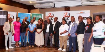 Group photo of Lubombo Marathon sponsors and stakeholders with TZD Sports Director and Athletics Eswatini President Zakhele Dlamini during the 5th edition announcement. Photo by AE Eswatini