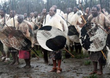 His Majesty King Mswati III leads the regiments in dance and song during the second day of Incwala at Ludzidzini Royal Residence. Photo by Eswatini TV