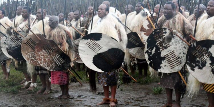 His Majesty King Mswati III leads the regiments in dance and song during the second day of Incwala at Ludzidzini Royal Residence. Photo by Eswatini TV