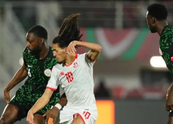 Nigeria defender Semi Ajayi challenges Tunisia midfielder Hannibal Mejbri during their Group C Africa Cup of Nations clash at the Stade de Fes in Morocco.
