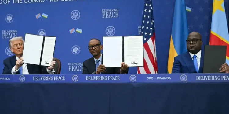 US President Donald Trump with Rwandan President Paul Kagame and DRC President Félix Tshisekedi as they sign a historic peace agreement