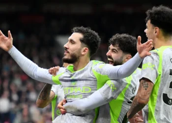 Rayan Cherki celebrates after scoring Manchester City’s late winning goal against Nottingham Forest at the City Ground on Saturday.