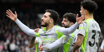Rayan Cherki celebrates after scoring Manchester City’s late winning goal against Nottingham Forest at the City Ground on Saturday.