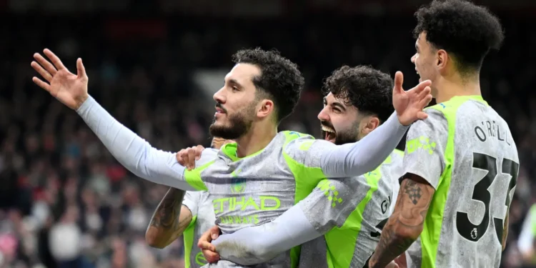 Rayan Cherki celebrates after scoring Manchester City’s late winning goal against Nottingham Forest at the City Ground on Saturday.