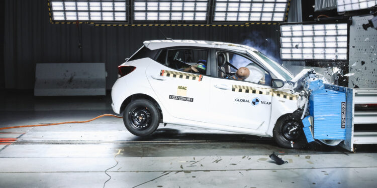 The Hyundai Grand i10's crash test results show critical safety failures, including weak chest protection and lack of side body protection. Photo credit: Global NCAP.