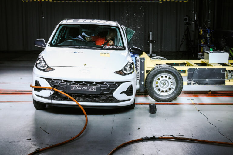 The Hyundai Grand i10's crash test results show critical safety failures, including weak chest protection and lack of side body protection. Photo credit: Global NCAP.