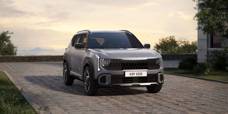 The front view of the new Kia Seltos, shown in a rendered image featuring the updated grille and modern lighting signature.