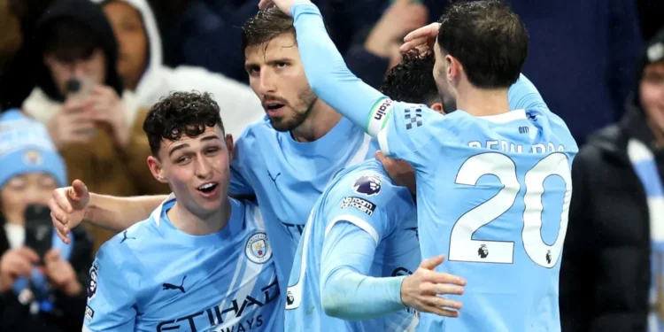 City players celebrate after Gvardiol's header doubled the lead against Sunderland.