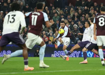 Morgan Rogers celebrates his second goal as Aston Villa secure a 2-1 win over Manchester United at Villa Park.