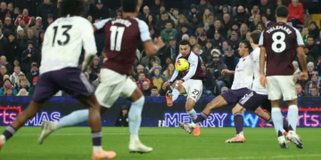 Morgan Rogers celebrates his second goal as Aston Villa secure a 2-1 win over Manchester United at Villa Park.