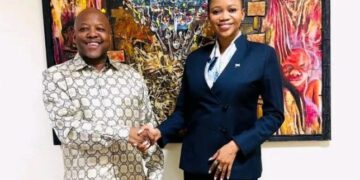 Lesotho's Natural Resources Minister, Mohlomi Moleko, and Botswana's Minister of Minerals and Energy, Bogolo Joy Kenewendo, during their meeting to strengthen bilateral ties. Photo credit: LENA
