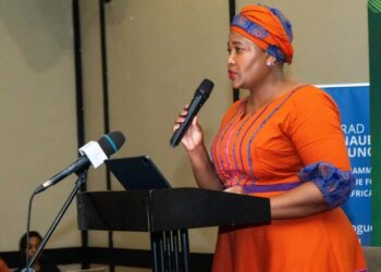 Honourable Nthati Moorosi, Minister of Information, Communication, Science, Technology and Innovation for Lesotho, speaking during the inaugural Pan African Inter Party Dialogue in Maseru.